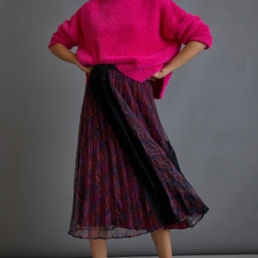 Maeve Delphine Pleated Lace Midi Skirt